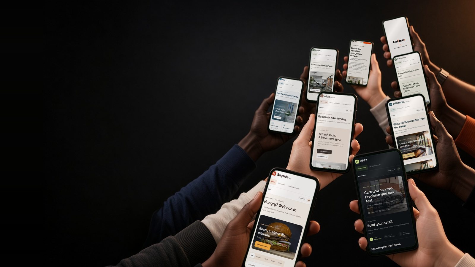 A crowd of hands with different skin tones holding phones up, each showing a different Calibre Inc. demo app: a hair salon, a plumber, an interior designer, a car detailer, a tent hire company, a grill restaurant, a guest house and the demo studio.